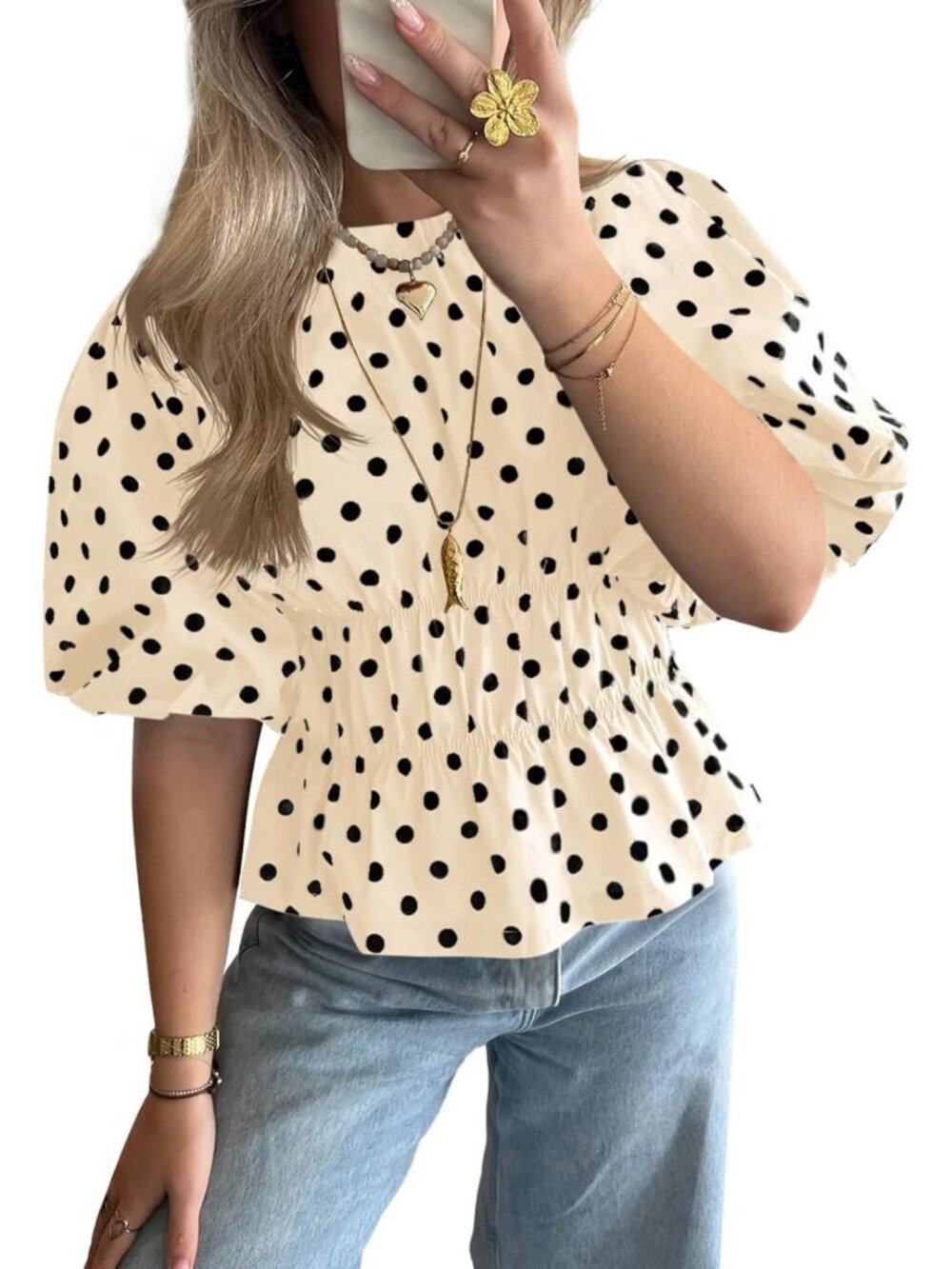 Polka Dot Peplum Blouse | Round Neck Puff Sleeve Summer Top for Women